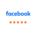 Facebook logo with five-star rating, indicating Prosper Smile Studio's excellent customer reviews.