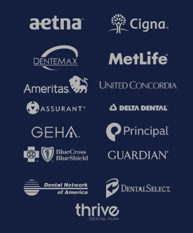 Collection of dental insurance and provider logos including Aetna, Cigna, MetLife, and Delta Dental.