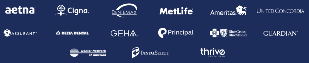 Collection of dental insurance provider logos including Aetna, Cigna, MetLife, and others.