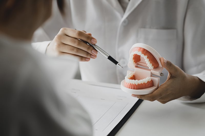 Dentist examining dental model with mirror tool in clinical setting.
